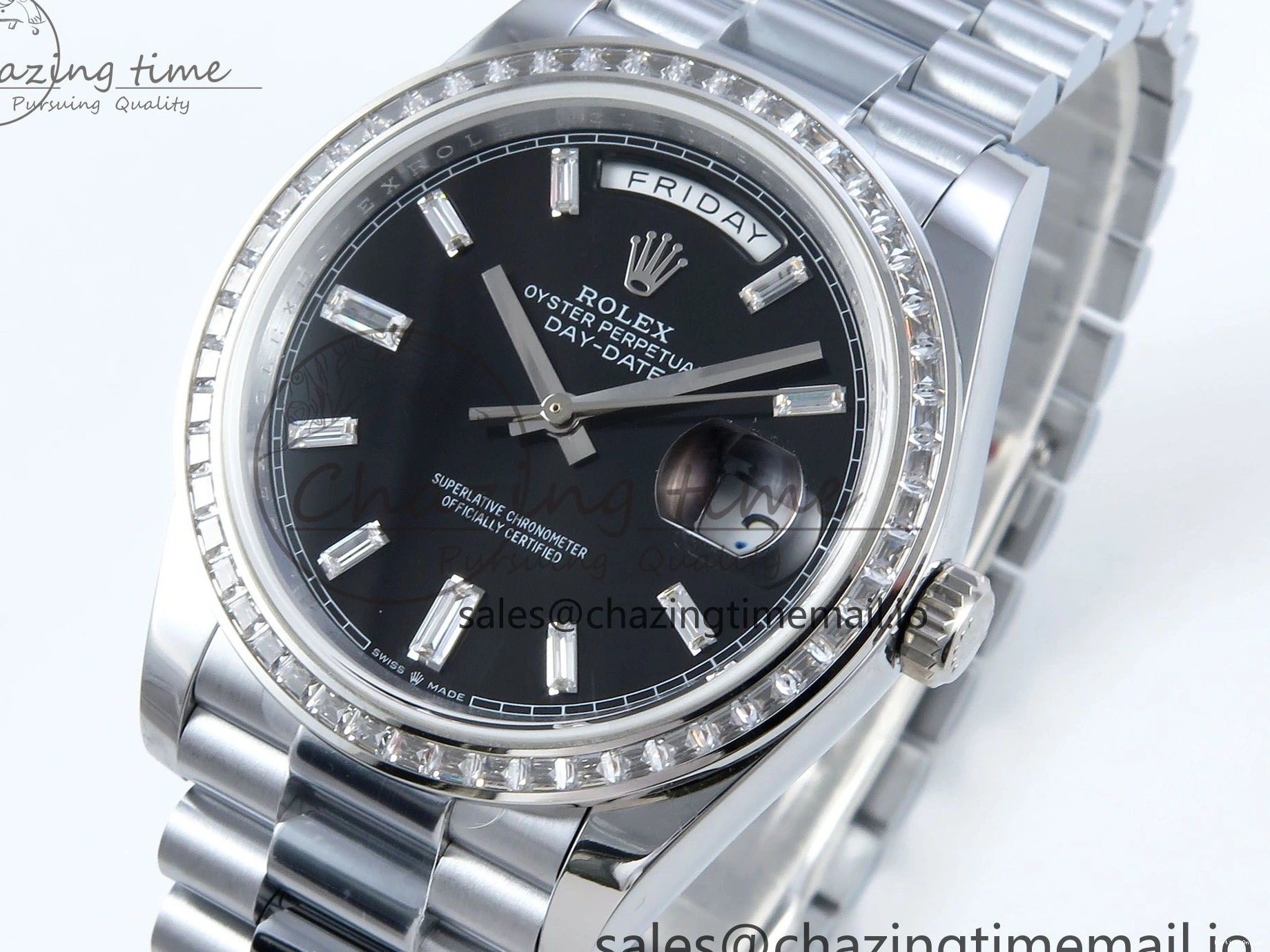 1221 Soft DayDate 40 SS QF 1:1 Best Edition Black Crystal Dial Diamonds Bezel on President Bracelet A2836 V5 (Gain Weight) 477